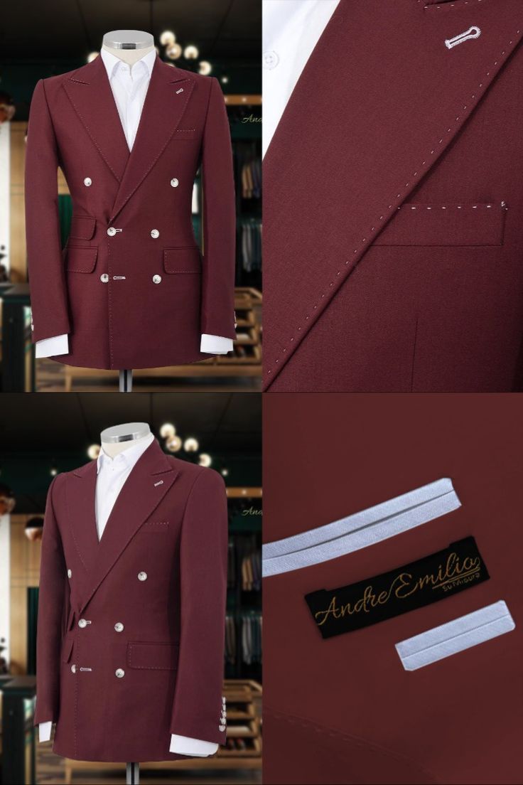 Experience sophisticated style with Andre Emilio’s Burgundy Double Breasted Suit, featuring meticulous pick stitch detailing and elegant white buttons. Shop now for free shipping on all orders. Transform your wardrobe and make a lasting impression. White Double-breasted Suit, Designer Suits With Double Button And Lapel Collar, Designer Suit With Double Button Closure And Lapel Collar, Designer Fitted Double Breasted Suit For Work, Designer Double-breasted Suit With Button Closure, Designer Double Breasted Suit For Semi-formal Occasions, Elegant Tailored Suits With Double Button Closure, Designer Double-breasted Suits With Suit Collar, Semi-formal Slim Fit Tuxedo With Buttons