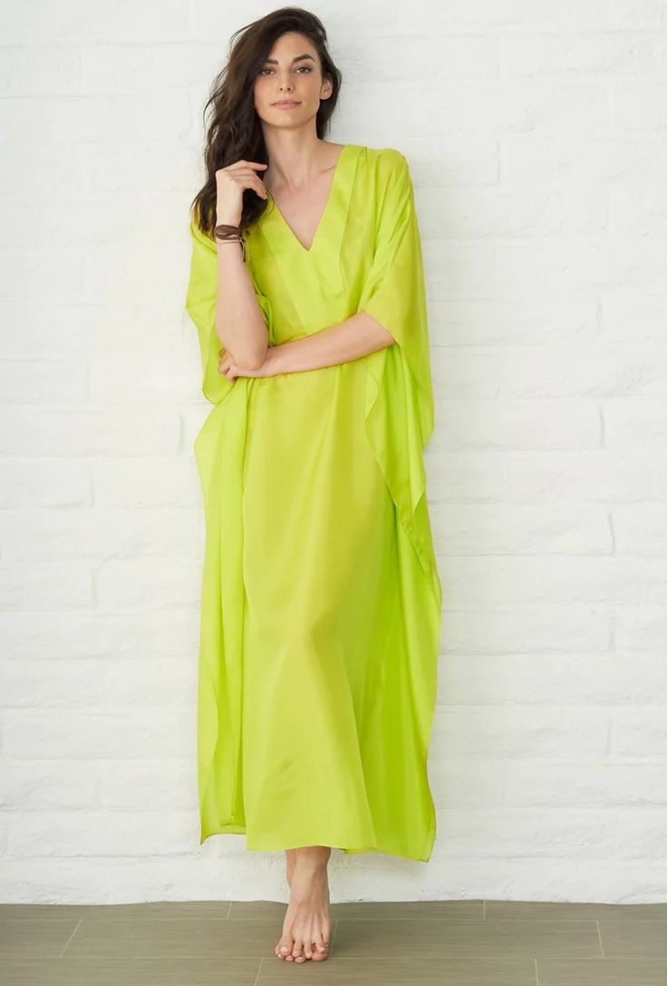 Eco Friendly Chartreuse Silk V-Neck Long Caftan | ocean+main Spring Green Tunic Cover-up, Green Spring Tunic Cover-up, Green Tunic Cover-up For Spring, Green V-neck Cover-up For Beach Season, Green V-neck Tunic For Beach, Green Summer Cover-up For Loungewear, Green Cover-up For Summer Loungewear, Green Summer Loungewear Cover-up, Green V-neck Kaftan For Vacation