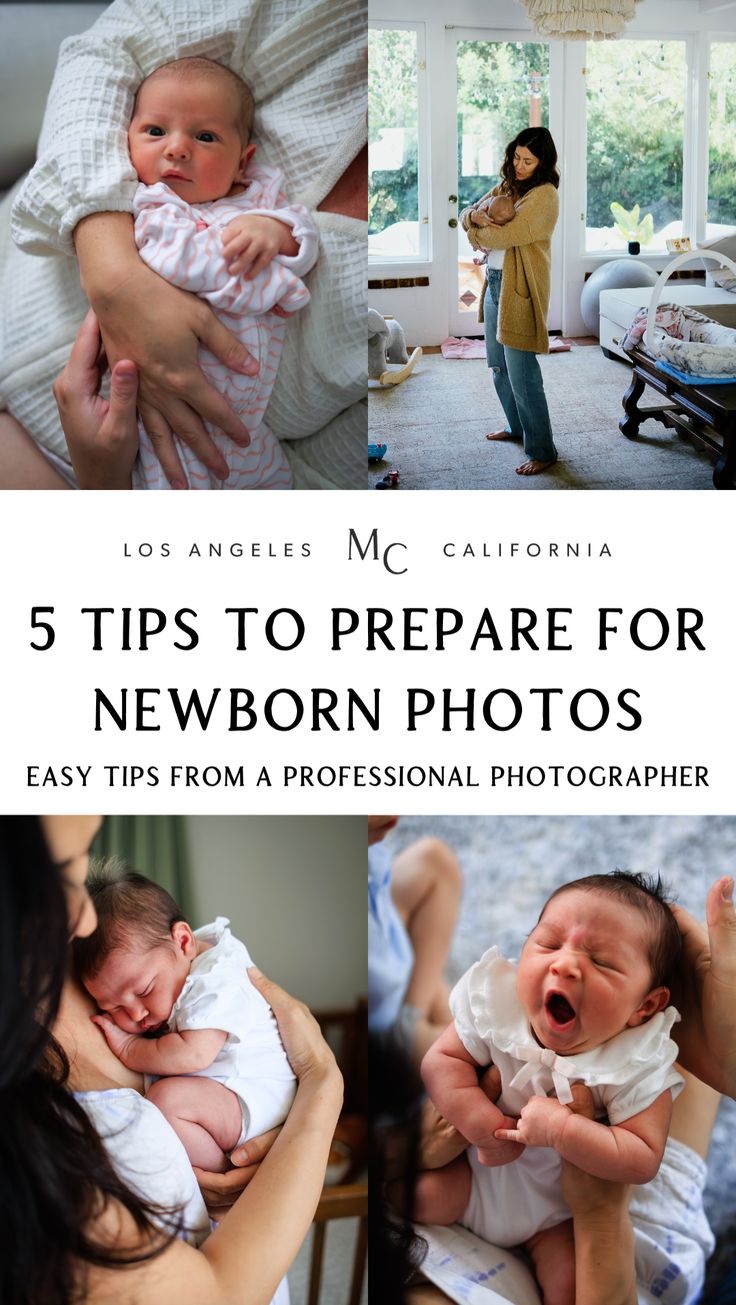 a woman holding a baby in her arms with the words 5 tips to prepare for newborn photos