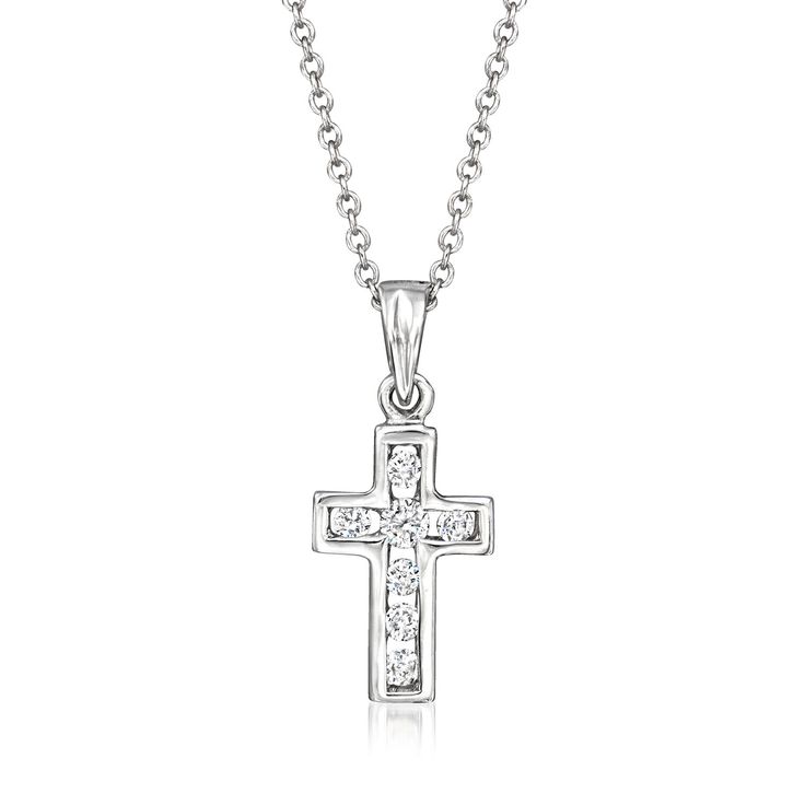 Ross-Simons - C. 1960 Vintage .17ct t. w. Diamond Cross Pendant Necklace. 18". C. 1960. From our Estate collection, a timeless symbol of faith. This classic cross necklace has modern appeal, as .17 ct. t. w. round brilliant-cut diamonds sparkle in an open-space 18kt white gold pendant. Suspends from a 14kt white gold cable chain. Lobster clasp, diamond cross pendant necklace. Exclusive, one-of-a-kind Estate Jewelry. Diamond birthstones are the perfect gift for April birthdays. Classic Cross Pendant Necklace For Anniversary, Classic Diamond Accents Cross Pendant Necklace, Classic White Gold Crucifix Necklace, Classic Diamond Cut Cross Necklace In White Gold, Classic Cross Pendant Necklace With Brilliant Cut, Classic Brilliant Cut Cross Pendant Necklace, Classic White Diamond Cut Cross Necklace, Classic Cross Necklace With Diamond Accents, Classic White Gold Cross Necklace