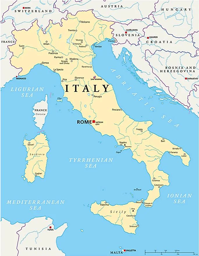 a map of italy with the capital and major cities