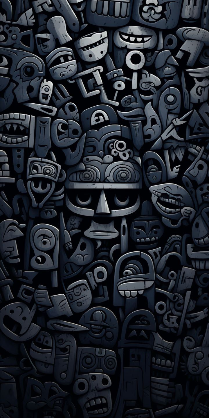 an abstract painting with many different faces and symbols on it's face, all in black