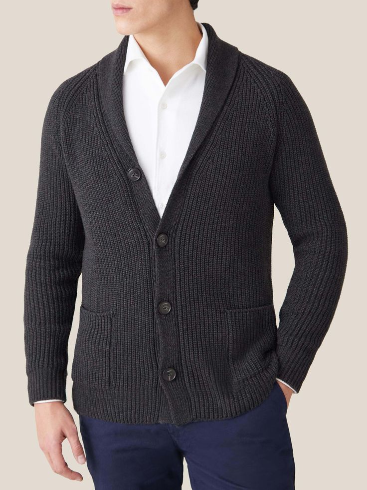 Our staple cardigan is meticulously crafted in Bergamo, Northern Italy, from sumptuous four-ply cashmere. With a substantial weight of approximately 800 grams and a refined gauge five knit, it offers effortless comfort and a cosy structure. The ribbed shawl collar drapes elegantly, adding a touch of heritage charm to any ensemble. Finished with classic horn buttons and double-front patch pockets, it embodies timeless craftsmanship.     We are proud to source only the finest A-grade fibres to pro Grey Shawl, Winter Trousers, Shawl Collar Cardigan, Shawl Cardigan, Cashmere Jumper, Collar Cardigan, Northern Italy, Fine Yarn, Bergamo