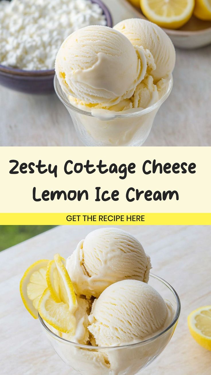 two bowls filled with ice cream next to lemons and cottage cheese on a table