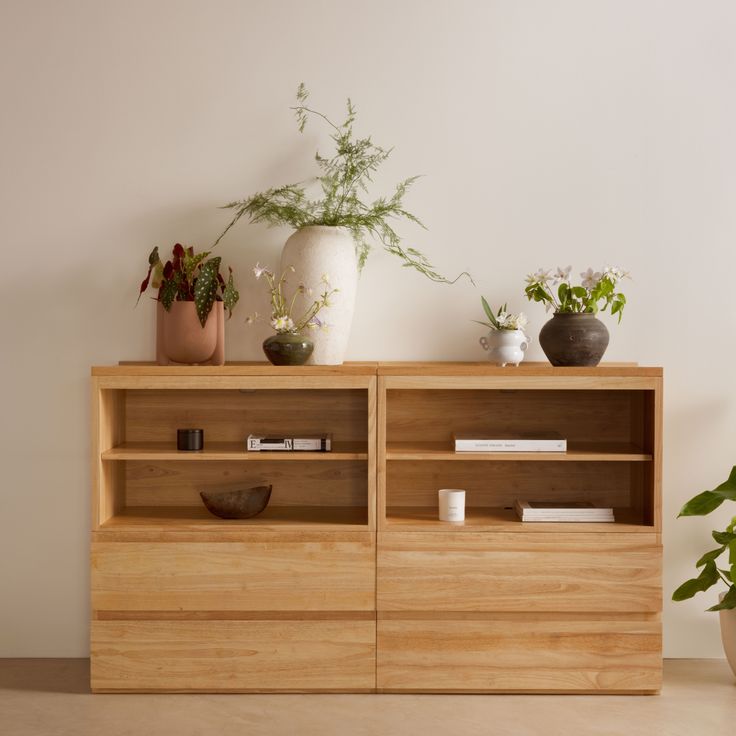 a wooden cabinet with plants on top of it next to a potted plant and bookshelf