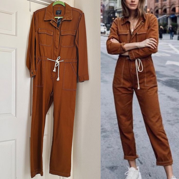 Abercrombie & Fitch Utility Jumpsuit Ultra Cool And Modern Utilitarian Jumpsuit. Comfy With Thick High Quality Cotton That’s Also Cooling In A Gorgeous Camel Brown Comes New In Tag (Some Creases From Storage) Size: Women's Small (S) Regular ~ 58” Entire Length ~ 19” Armpit To Armpit Length ~ 22.5” Sleeve Length ~ 31.5” Entire Sleeve Length (Center Back To End Sleeve) ~ 28” Inseam ~ 35” Waist (Uncinched) Color: Camel Details: O Collared O Allover Contrast White Stitches O Snap Buttons With Inner Brown Utility Overalls For Fall, Fall Utility Jumpsuits And Rompers With Relaxed Fit, Relaxed Fit Brown Jumpsuits And Rompers For Fall, Fall Jumpsuits And Rompers With Pockets, Brown Relaxed Fit Jumpsuits And Rompers With Pockets, Brown Cotton Jumpsuits And Rompers For Work, Brown Relaxed Fit Overall Jumpsuit, Utility Overalls And Rompers For Fall, Brown Relaxed Fit Overalls