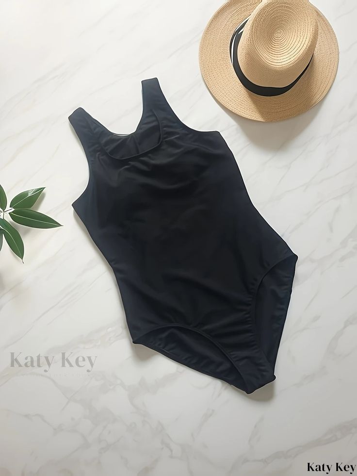 Katykey - Womens High-Stretch Black One-Piece Competitive Swimsuit with Hollow Back Detail and Scoop Neck Design for Water Sports - Ideal for Athletes and Active Swimmers Stretch One-piece Sports Swimwear, Athleisure Sleeveless Bodysuit For Beach, Breathable Sleeveless Swimwear For Summer, Sporty High Stretch Bodysuit For Beach, Sporty Solid Leotard For Summer, Sporty Solid Color Summer Leotard, Summer Training Racerback Swimwear, Sleeveless Stretch Swimwear For Training, Solid Color Stretch Racerback Swimwear