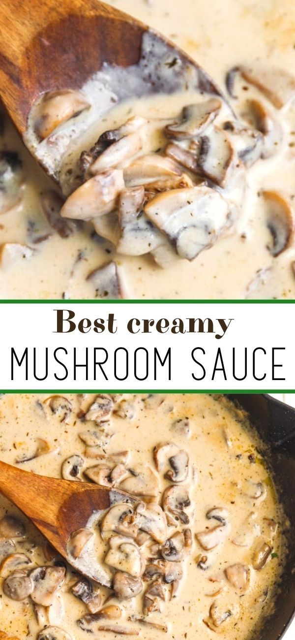 the best creamy mushroom sauce is in a skillet and ready to be eaten with a wooden spoon