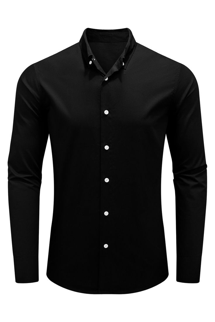 Black Plain Button-down Men’s Shirt Mens Long Sleeve Button Up Shirts, Black Dress Shirt With Button Cuffs, Classic Black Button-up Shirt, Black Long Sleeve Dress Shirt With Button Cuffs, Black Shirt With Button Closure And Casual Collar, Black Shirt With Spread Collar And Buttons, Black Dress Shirt With Spread Collar, Black Business Shirt With Button Closure, Black Business Shirt With Buttons