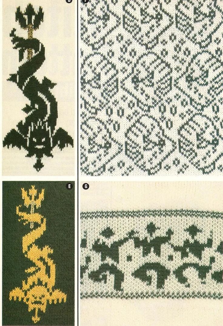 four different knitted designs in green, yellow and white