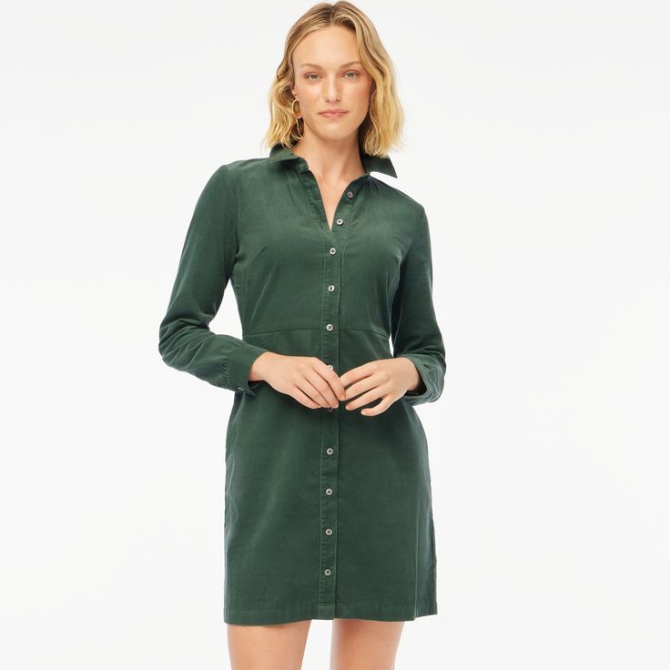 Long-sleeve button-up corduroy mini dress Mini Shirt Dress Outfit, Shirt Dress Outfit Winter, Green Corduroy Dress, Classic Fall Style, Fall Suit, Fall Workwear, Clothes For Women Over 50, Shirt Dress Outfit, Fall Wardrobe Essentials