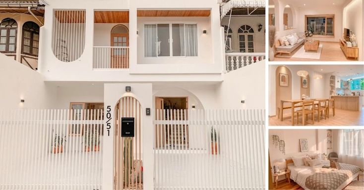 this is a collage of photos showing the inside and outside of a house with white walls