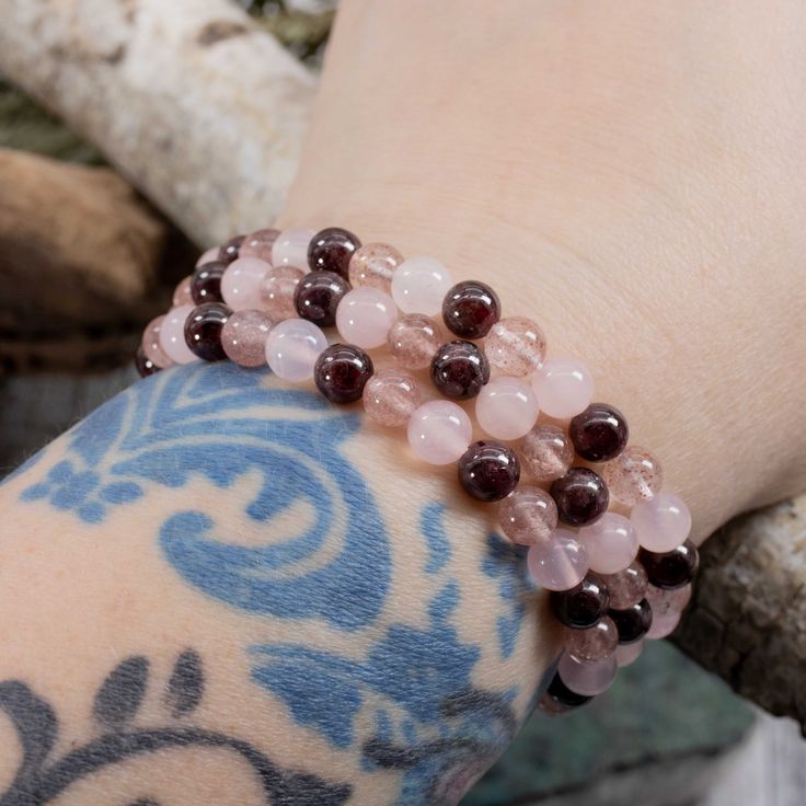 Garnet, Strawberry Quartz and Rose Quartz Bracelet Rose Gold Crystal Bracelet With Round Beads Gift, Hand-strung Rose Quartz Crystal Bracelet Gift, Healing Beaded Bracelets With Round Beads For Valentine's Day, Valentine's Day Gift Crystal Bracelet With Heart Beads, Rose Quartz Beaded Bracelet With Faceted Beads As Gift, Valentine's Day Gift Bracelets With Faceted Beads, Hand-strung Jewelry As A Valentine's Day Gift, Valentine's Day Gift Beaded Bracelet With Faceted Beads, Hand-strung Jewelry For Valentine's Day Gift