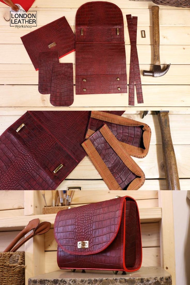 an assortment of leathers and tools are displayed in three different pictures, including the purse