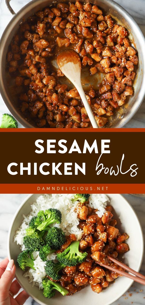 SESAME CHICKEN BOWLS, chicken recipes for dinner, weeknight dinner recipes Quick Weeknight Dinners For Two, Easy Sesame Chicken, Rice And Broccoli, Chicken Bowls, Berbuka Puasa, Better Than Takeout, Idee Pasto, Breakfast Meal, Chicken Bowl