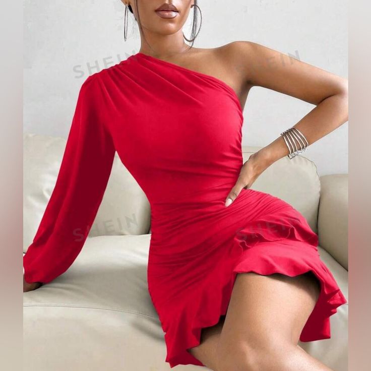 Shein Red Mini Dress Flirty Cocktail Dress In Solid Color, Red Fitted Mini Dress With Ruffles, Flirty One Shoulder Solid Color Dress, Red One Shoulder Party Dress, Red One-shoulder Party Dress, Flirty One-shoulder Solid Color Dress, Flirty One Shoulder Dress, Elegant Red Stretch Mini Dress, Flirty Red Knee-length Dress