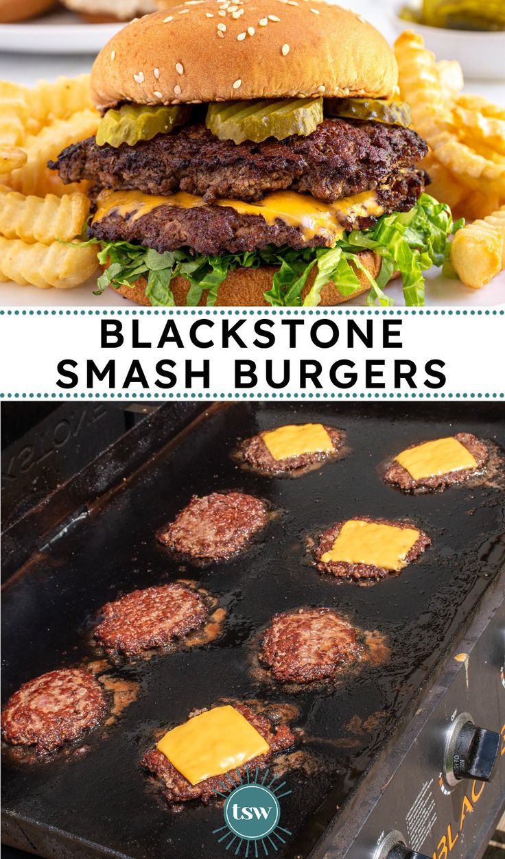 hamburgers and french fries are cooking on an outdoor grill with the words blackstone smashburgers