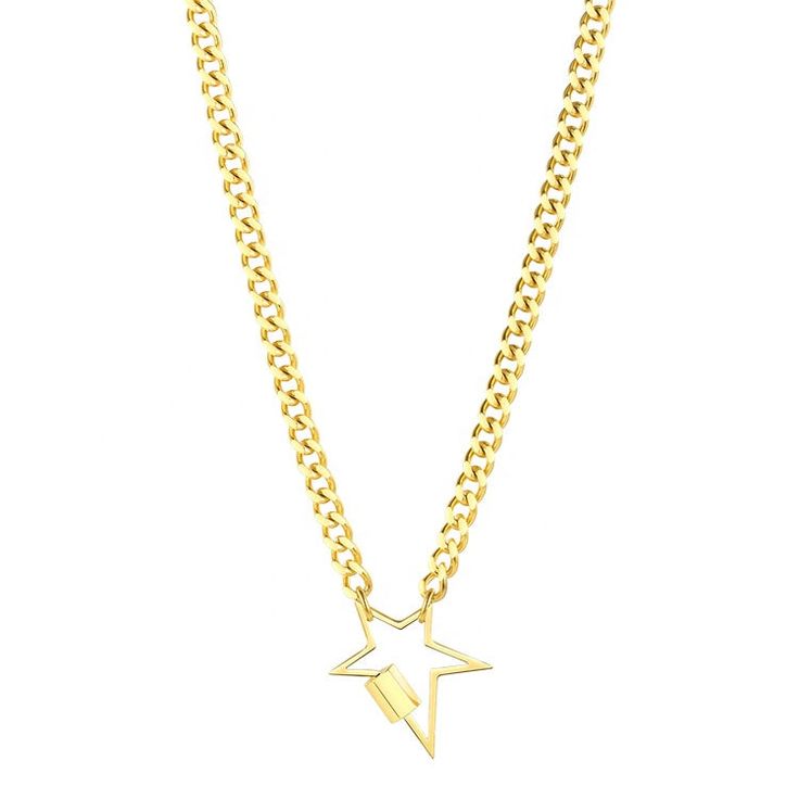 Make a bold statement with the You're the Star necklace. This elegant yet edgy piece features a five-pointed star design that can elevate any outfit. The star pendant hangs on a delicate 18-inch chain, which is the perfect length to wear alone or layer with other necklaces. Crafted from 18K gold plated over stainless steel, this necklace is not only beautiful but also durable. The water and tarnish-resistant coating ensures that this necklace will remain a staple in your jewelry collection for y Edgy Star-shaped Jewelry With Star Charm, Trendy Star Charm Necklaces, Trendy Star-shaped Charm Necklace With Adjustable Chain, Trendy Star Charm Necklace With Adjustable Chain, Trendy Star-shaped Chain Necklace With Adjustable Chain, Five Pointed Star, Star Design, Star Pendant, Star Designs