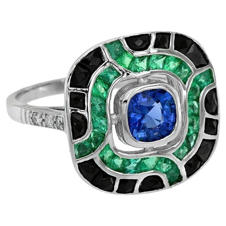 Art Deco Style Ceylon Sapphire with Emerald and Onyx Cushion Ring in 18K Gold Ceylon Blue Sapphire, Vintage Cocktail Ring, Diamond Cocktail Ring, Ceylon Sapphire, Cushion Ring, French Cut, Beading Ideas, Diamond Cocktail Rings, Art Deco Stil