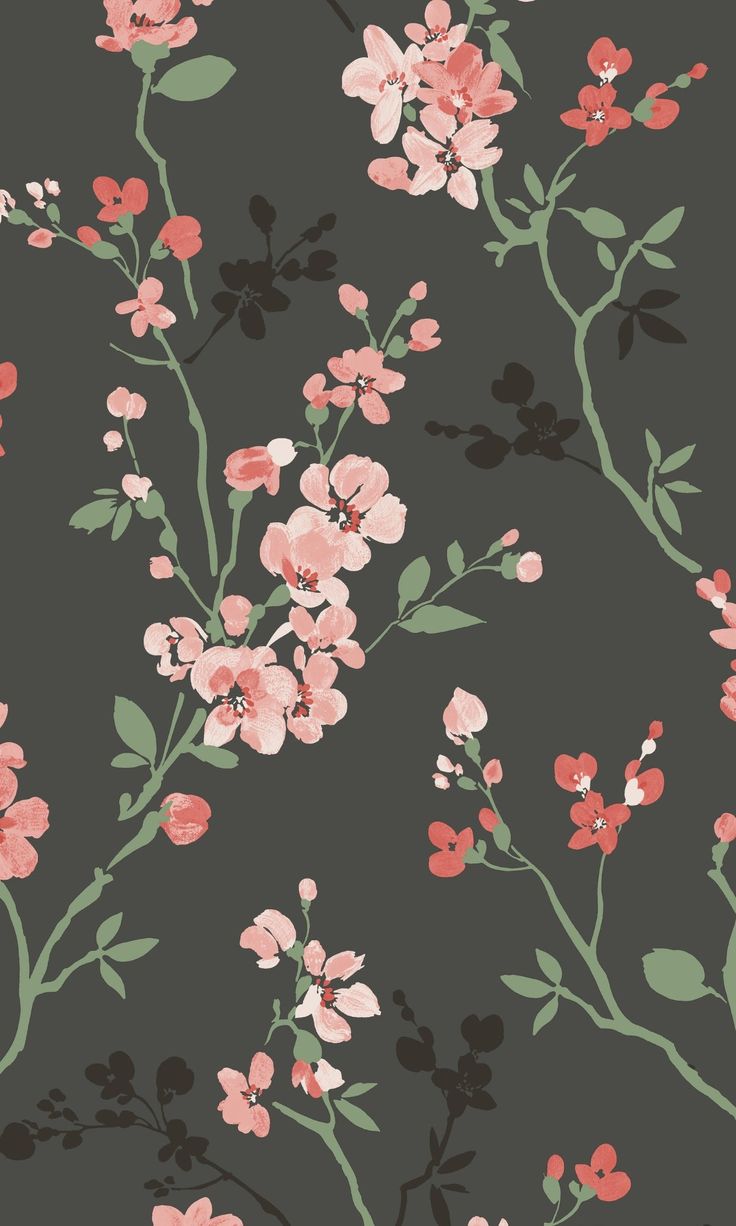 a floral wallpaper with pink flowers and green leaves on a dark background, suitable for use in home decor