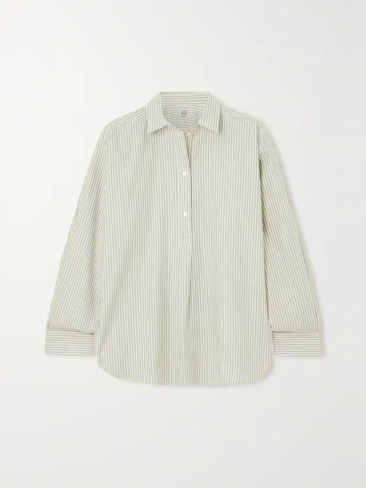 TOTEME Striped cotton-poplin shirt | NET-A-PORTER Classic Cream Blouse With Relaxed Fit, Beige Cotton Shirt For Daywear, Cream Cotton Tops For Workwear, Classic Beige Shirt For Daywear, Timeless Cotton Shirt For Daywear, Cream Cotton Shirt With Spread Collar, Timeless Cotton Tops For Spring, Chic Cream Cotton Shirt, Timeless Cotton Shirt For Spring