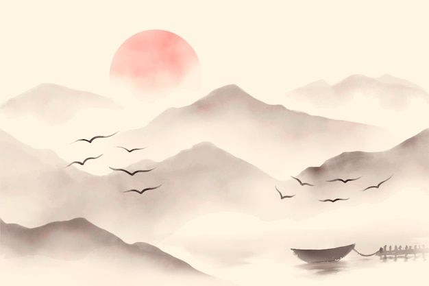 a painting with birds flying over mountains and a boat in the water under a red sun