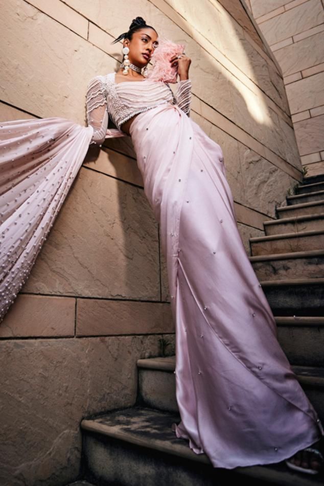 Blush pink pre-draped saree featuring embroidery ombre of pearl with feathers at the bottom of pallu. Comes with padded blouse with pearl, clip stones and chains embroidery. - Aza Fashions Pearl Blouse, Draped Saree, Padded Blouse, Drape Saree, Blouse Online, Pink Blouse, Queen Anne, Aza Fashion, Online Design