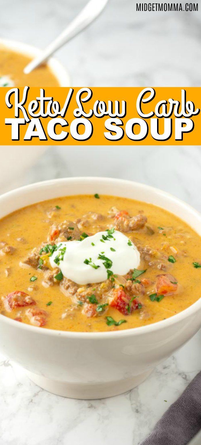 two bowls of keto / low carb taco soup with sour cream on top