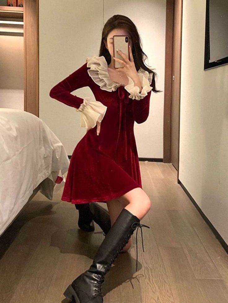 Tavimart Christmas Elegant Party Mini Dress Women Hepburn Style Vintage Sweet Velvet Dress Female Flare Sleeve Fairy Red Dress Autumn New Red A-line Dress For Costume Party, Winter Mini Dress For Costume Party, Mini Dress For Winter Costume Party, Winter Costume Party Mini Dress, Mini Dresses For Winter Costume Party, Red Mini Dress For Winter Costume Party, Red Long Sleeve Mini Dress For Costume Party, Red Christmas Costume Dress, Red Mini Dress For Holiday Costume Party