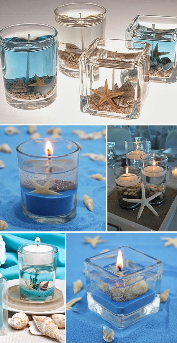 there are many different pictures of candles and seashells in glass bowls on the table