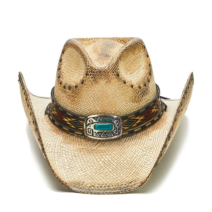 HERDER is a truly unique hat, crafted with genuine Panama straw and genuine leather for a combination of durability and style. Its adjustable chin cord ensures the perfect fit, while the stampede collection makes sure you stand out with intricate design, studs on the crown and under the brim, and a large turquoise jewel buckle. Whether you're looking for a fashion statement, or outdoor protection, HERDER is the perfect choice. Adjustable Braided Country Straw Hat, Adjustable Braided Straw Hat In Country Style, Adjustable Brown Straw Hat For Ranch, Adjustable Brown Straw Hat In Country Style, Brown Straw Hat Band For Ranch, Western Straw Hat Bands For Outdoor, Adjustable Western Straw Hat, Adjustable Western Hat Band In Natural Color, Adjustable Brown Straw Hat For Country Events