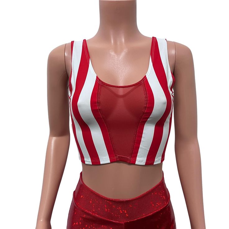 Made of our red stripe print spandex w/ red mesh inset in the front, this crop tank top fits snug to the body with plenty of stretch. Wear this to a rave, to the club, a rave, to a festival, or a night out. Also great for running, yoga, roller derby, or any activity.*We can make this top in any of our available fabrics - you can request the custom fabric choices in the personalization box if you prefer something other than what is shown in this listing. Red Sleeveless Tank Top For Club, Red Summer Tank Top For Club, Red Tank Top For Summer Clubbing, Red Fitted Crop Top For Club, Fitted Red Crop Top For Club, Summer Club Mesh Crop Top, Stretch Red Cropped Tank Top, Red Stretch Crop Top For Club, Red Stretch Cropped Tank Top