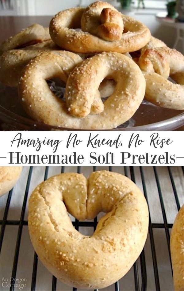 homemade soft pretzels sitting on top of a cooling rack with the words, amazing no knead no rise homemade soft pretzels