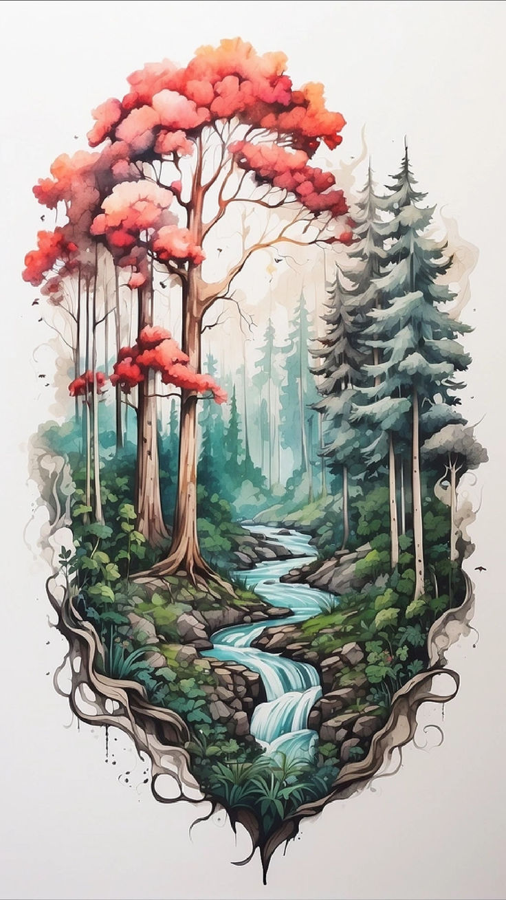 a painting of trees, water and rocks in the middle of a forest with a stream running through it