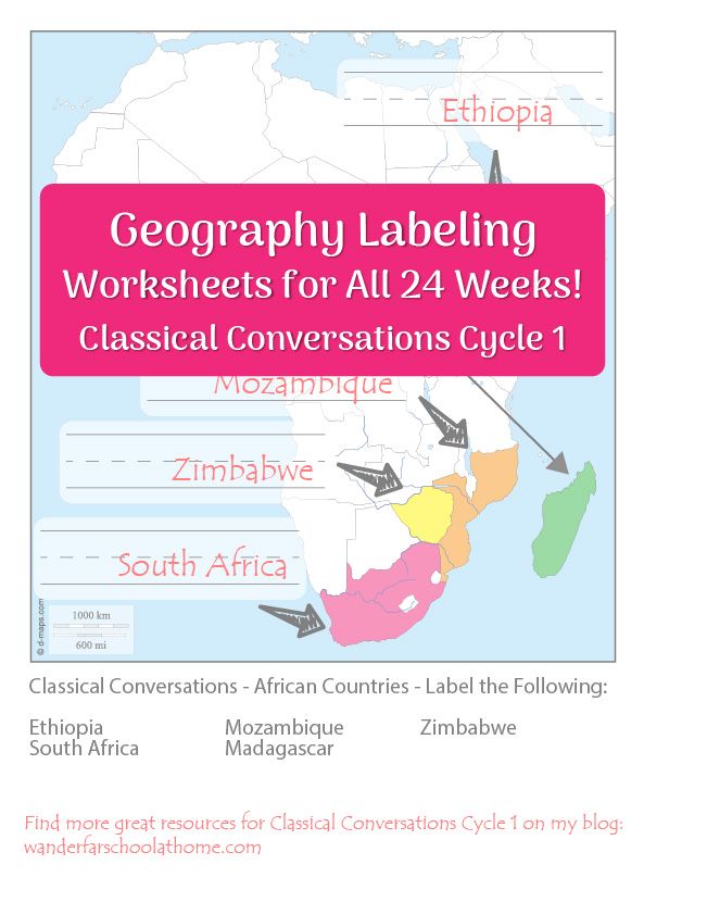 a map with arrows pointing to different locations in the world, and text that reads'geography labeling worksheets for all 24 weeks classical conversations cycle 1