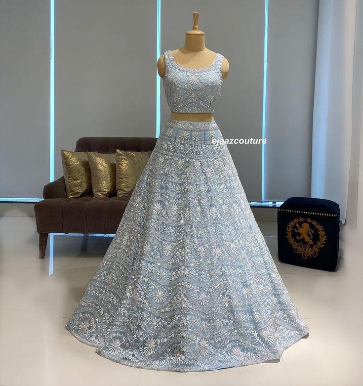 Baby Blue Lehenga, Powder Blue Lehenga, Blouse Designs For Lehenga, Ejaaz Couture, Traditional Saree Blouse Designs, Lehenga Ideas, Designer Dresses Elegant, Embroidery Lehenga, Net Lehenga Choli