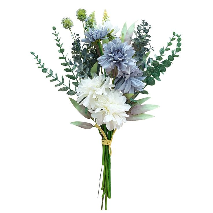 a bouquet of flowers with green leaves on a white background