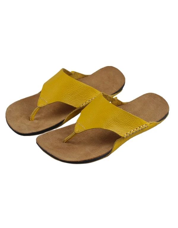 Women's summer Leather Flip-flops Slippers – Obiono Leather Flat Flip Flops For Beach Season, Leather Toe Post Flip Flops For Beach Season, Casual Beach Slippers With Toe Loop, Casual Toe Loop Flip Flops For Beach Season, Casual Flat Toe Ring Sandals For Summer, Comfortable Yellow Flip Flops, Summer Vacation Toe Loop Slippers, Summer Vacation Toe Loop Flip Flops, Casual T-strap Sandals With Single Toe Strap For Beach