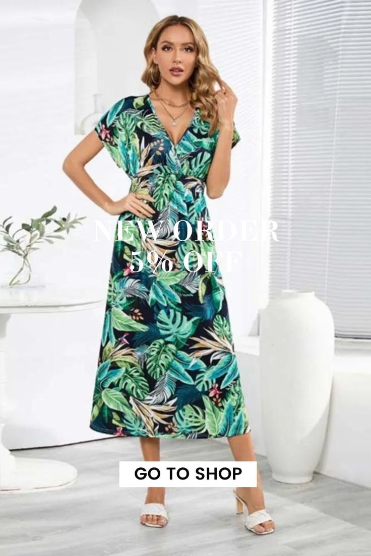 Summer Bohemian Elegant Party V Neck Print Maxi Dress V-neck Printed Holiday Dress, Tropical V-neck Party Dress, V-neck Floral Print Boho Dress For Party, Green Beach Dress For Holidays, Green Short Sleeve Dress For Holiday, Green Short Sleeve Dress For Vacation, Green Beach Holiday Dresses, Green Beach Season Dresses, V-neck Tropical Print Party Dress