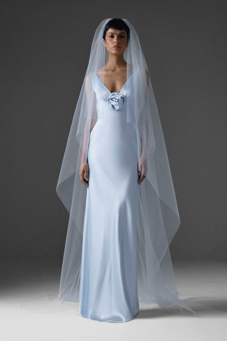 a woman in a wedding dress with a veil on her head and wearing a blue gown