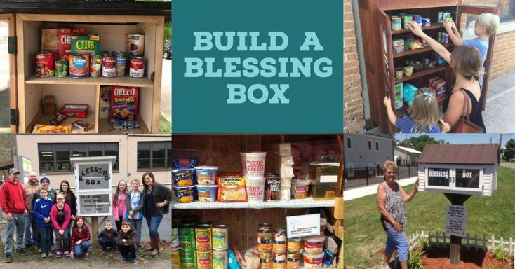 people are standing in front of a building and some shelves filled with canned food, while others look on