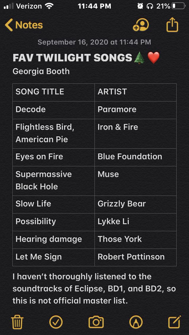 an iphone screen with the words fav twilight songs on it and two different types of music