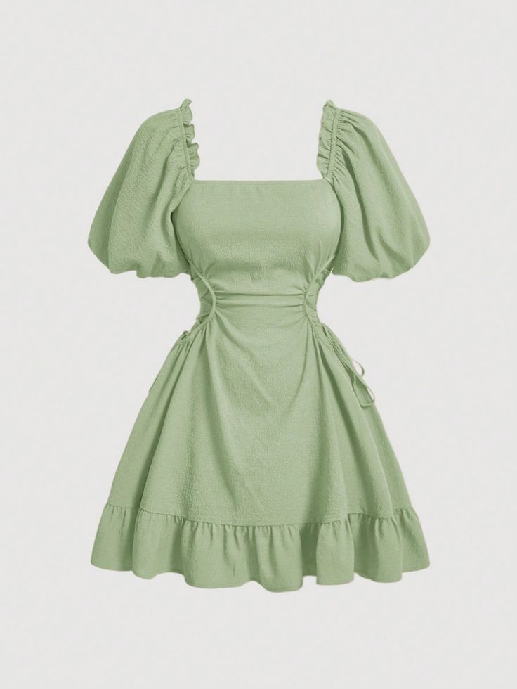 Solid Lace Up Side Ruffle Hem Dress For Summer Green Boho  Short Sleeve Woven Fabric Plain A Line Slight Stretch Summer Women Clothing, size features are:Bust: ,Length: ,Sleeve Length: Sage Green Wedding Guest Dress Short, Sage Green And White Dress, Short Green Fairy Dress, White Dress With Green Flowers, Light Green Homecoming Dress, Side Lace Up Dress, Homecoming Dresses Sage Green, Mint Green Quinceanera Theme, Sage Green Dress Short