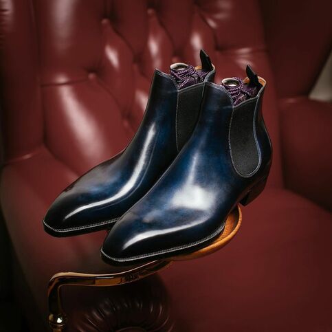 Bespoke Wholecut Chelsea Boots with Customized Blue Patina. sold by Unique Handmade Leather Shoes . Shop more products from Unique Handmade Leather Shoes on Storenvy, the home of independent small businesses all over the world. Blue Chelsea Boots, Gents Shoes, Quality Leather Boots, Alligator Shoes, Custom Design Shoes, Crocodile Shoes, Bespoke Shoes, Gq Men, Ankle Boots Men