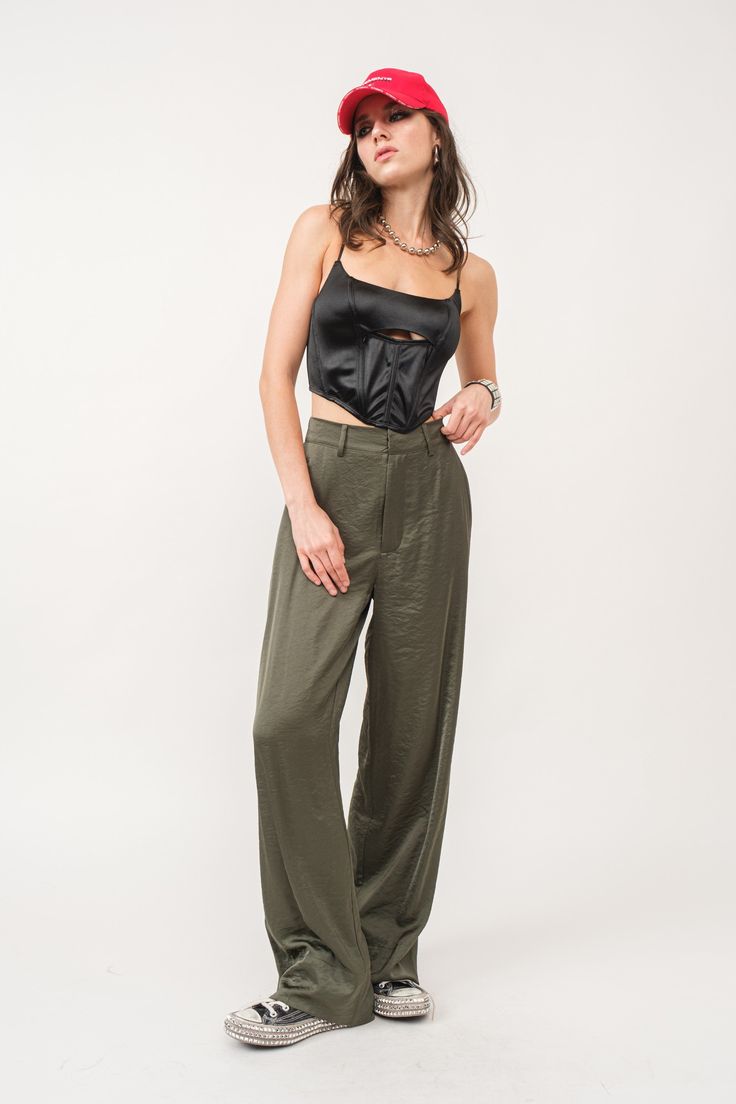 Specifications: Satin Wide Leg Trouser style pants 54% Polyester 46% Rayon Spring Viscose Wide-leg Pants, High-waisted Elastane Wide Leg Pants For Summer, Chic Stretch Viscose Pants, Chic Wide-leg Viscose Pants, Spring Wide Leg Viscose Bottoms, Chic Viscose Bottoms For Spring, Spring Viscose Wide Leg Bottoms, Viscose Wide-leg Workwear Bottoms, Viscose Wide-leg Pants For Work