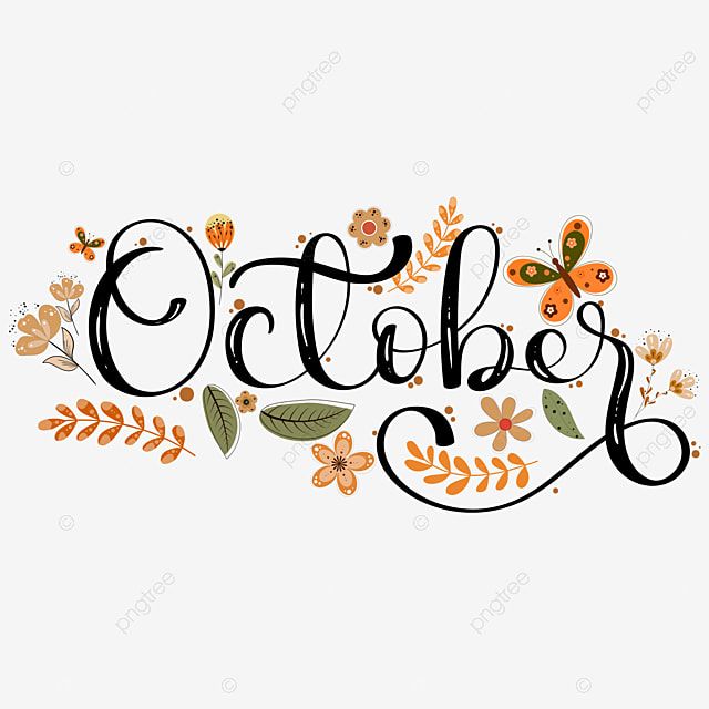 the word october is surrounded by colorful flowers and butterflies, autumn, lettering, handwritten png and psd