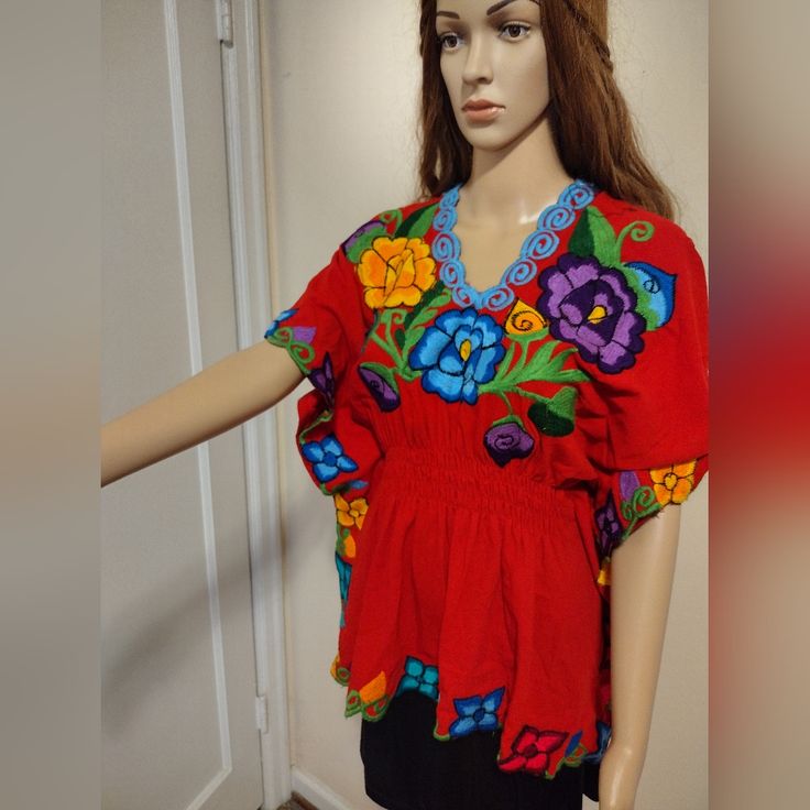 Very Beautiful Embroidery Top. Please See Last Photo With Sizing Info. Item Is One Size. Very Special Item. Red Bohemian Embroidered V-neck Top, Red V-neck Blouse With Floral Embroidery, Red Embroidered V-neck Blouse, Red Folk Tops With Floral Embroidery, Bohemian Red Tops With Floral Embroidery, Red Floral Embroidered Short Sleeve Blouse, Red Tops With Floral Embroidery For Festivals, Red Floral Embroidered Top For Festival, Festive Red Embroidered Short Sleeve Top