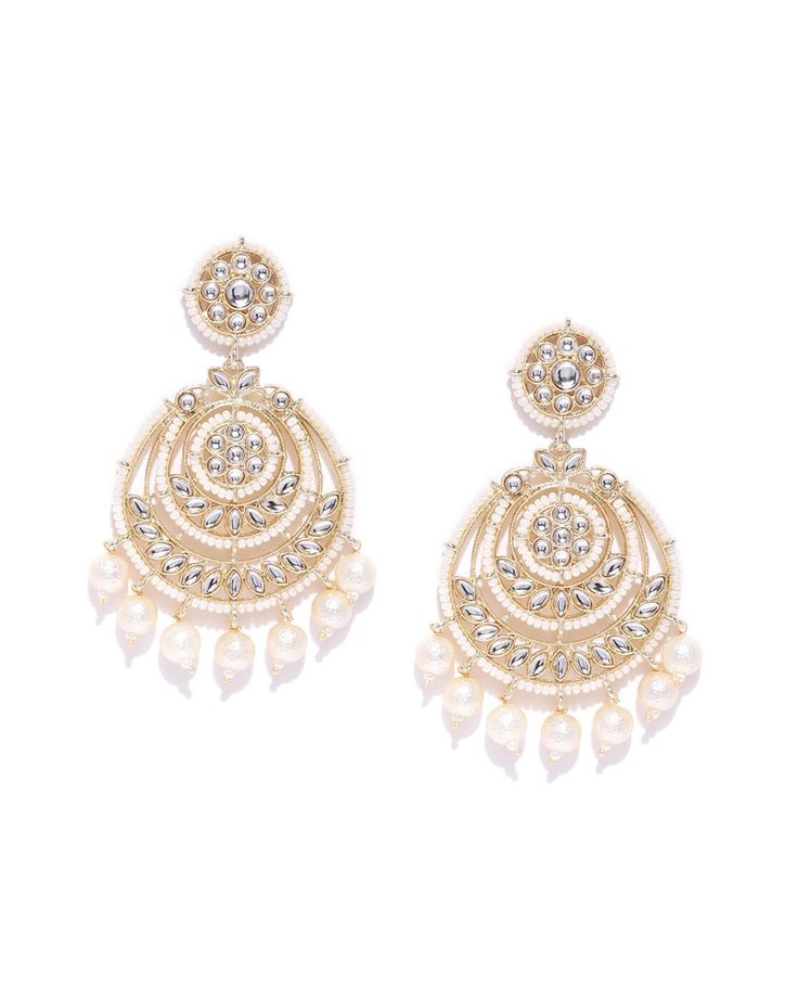 These beautiful off-white circular chandbali earrings come with kundan stone studs, beads & pearls, are gold-plated, and are secured with a post and back closure. These handcrafted classic drop chandbalis are versatile and can be easily paired with most outfits for any festive occasion. Classic with a touch of Bam! Product color may vary based on the monitor or screen you are using.See FAQ for more details. Size Length: 8 cm Details Material: BrassStones: Kundan & Artificial BeadsPlating: Gold-p Chandbali Earrings, Stone Studs, Diamond Earrings, Gold Plate, Plating, Off White, Screen, Drop Earrings, Beads