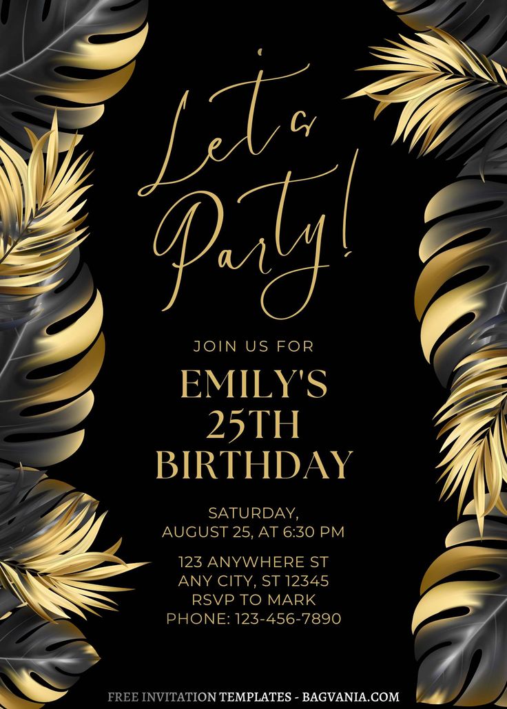 a black and gold birthday party with palm leaves on the front, in an ornate frame