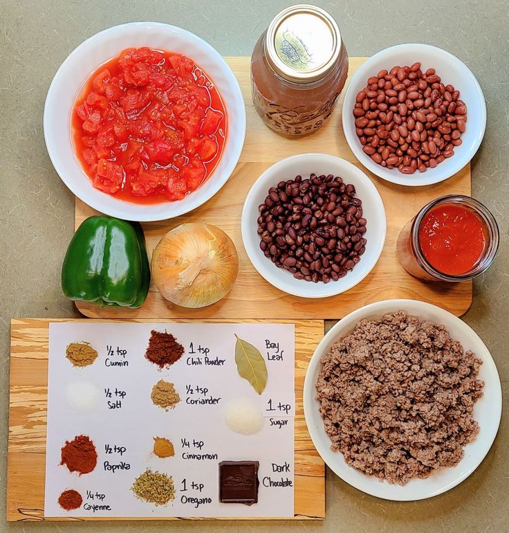 the ingredients for this meal include beans, tomatoes, peppers, and other foodstuffs